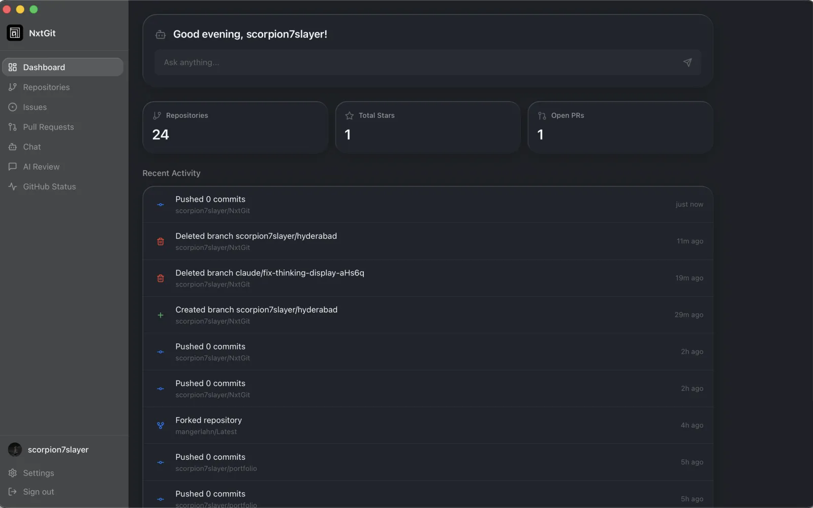 Application NxtGit&nbsp;: tableau de bord avec la liste des dépôts, issues, pull requests et l'activité récente.