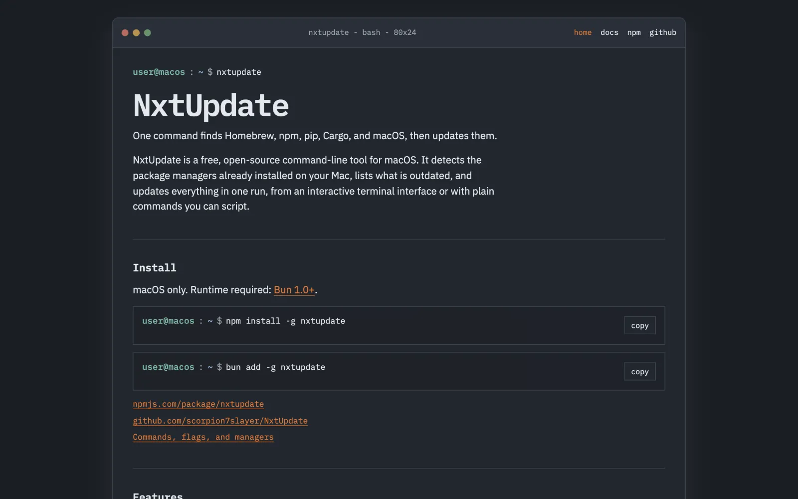 Site de NxtUpdate&nbsp;: présentation de l'outil et commandes d'installation avec npm et Bun.